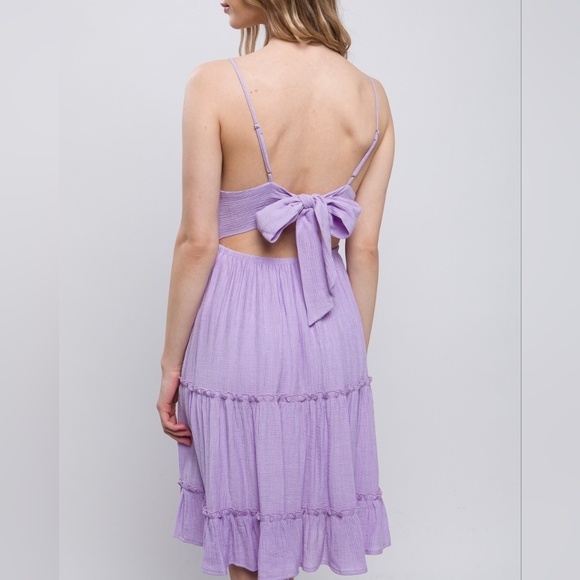 Wearing Rn🌷LOVE TREE Lavender Crochet Open Back Bow Tie Lace Waist Band Dress - Picture 4 of 11